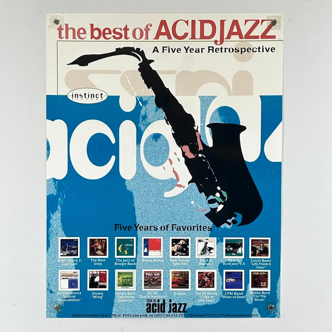 Album cover for 'The Best of Acid jazz' with a saxophone illustration on a blue and white background.