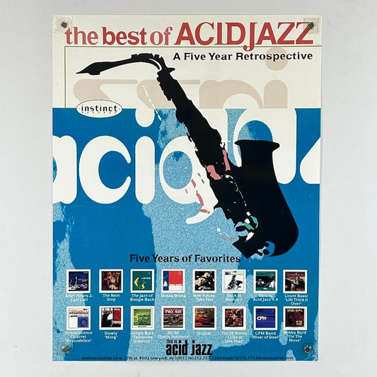 Album cover for 'The Best of Acid jazz' with a saxophone illustration on a blue and white background.