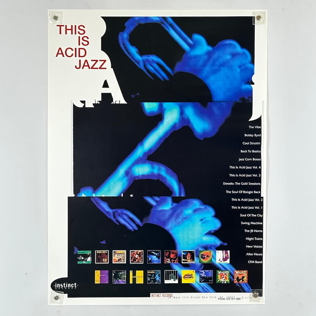 Poster for Acid Jazz music with blue saxophone illustration and album covers.