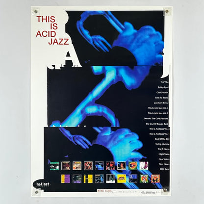 Poster for Acid Jazz music with blue saxophone illustration and album covers.