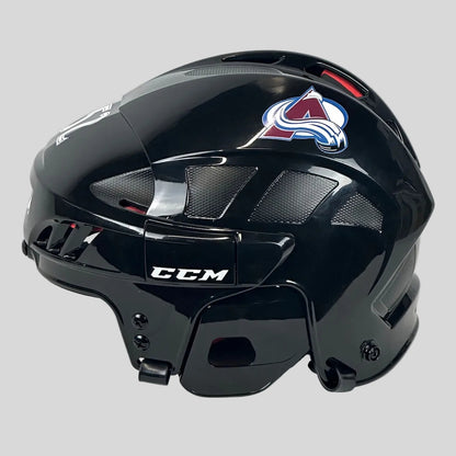 Black hockey helmet with a logo on a white background