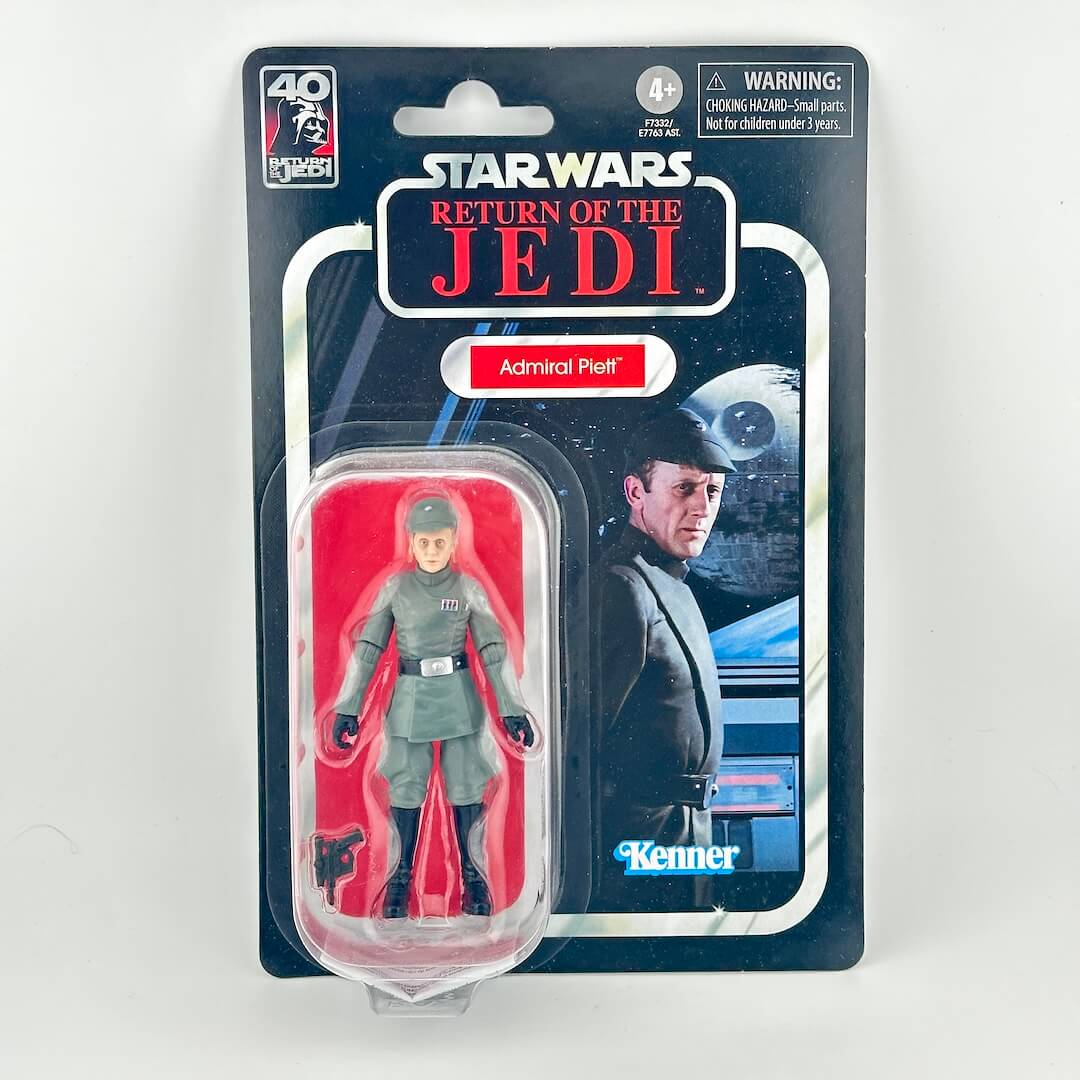 Star Wars Return of the Jedi Admiral Piett action figure in its original carded packaging, featuring a gray uniformed figure.