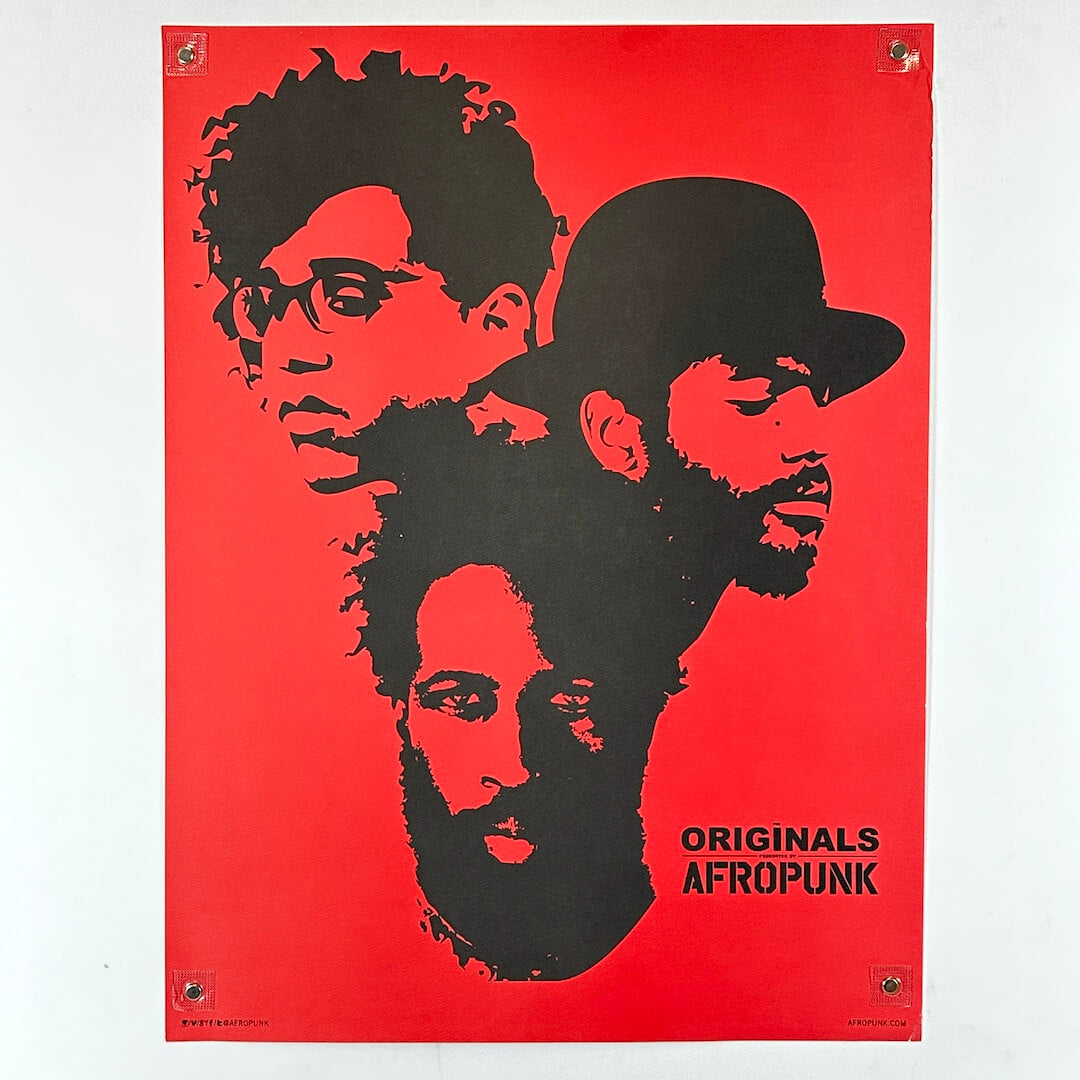 Poster with black silhouettes of three people on a red background, featuring the text 'Originals Afropunk'.