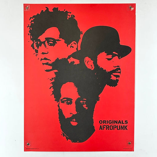 Poster with black silhouettes of three people on a red background, featuring the text 'Originals Afropunk'.