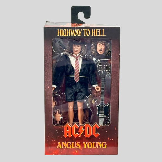 Action figure packaging of Angus Young from AC/DC's 'Highway to Hell' with guitar and attire.