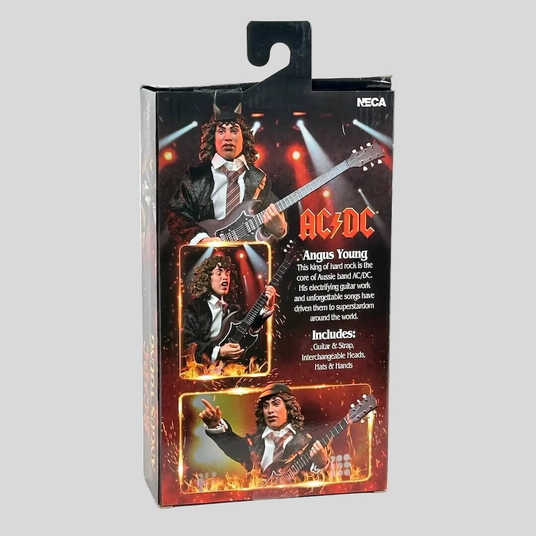 Action figure packaging featuring Angus Young from AC/DC on a white background