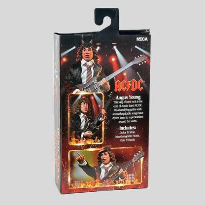 Action figure packaging featuring Angus Young from AC/DC on a white background
