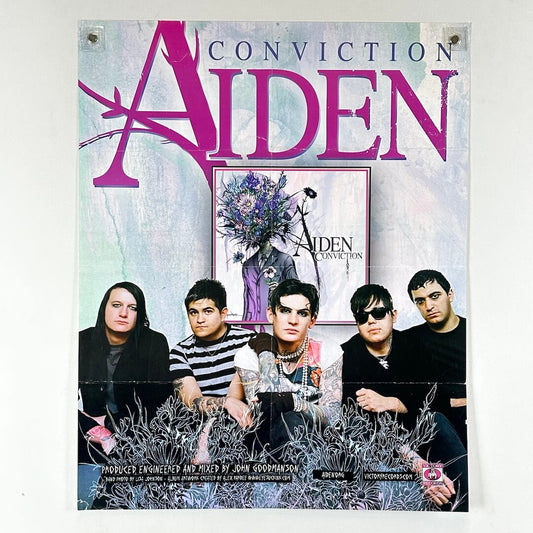 Poster of album cover for Aiden 'Conviction' album with band members and floral design.