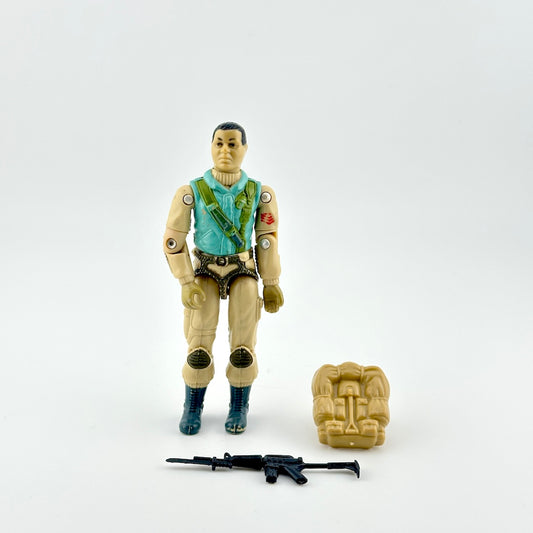 GI Joe action figure with accessories against white background. 