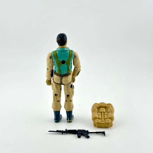 Back of GI Joe action figure with accessories against white background. 