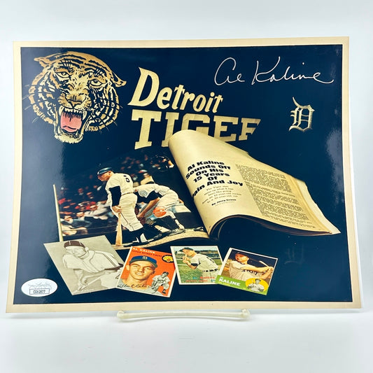 Photo of display of with baseball memorabilia featuring the Detroit Tigers logo and images of a player.