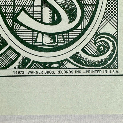 Close up of 1973 copyright info for Warner Bros. Records, Inc. Printed in USA. 