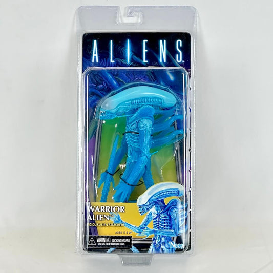 Toy figure of an alien warrior in packaging with 'Aliens' branding on a white background