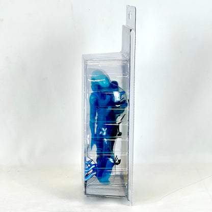 Blue figurine in a clear packaging sleeve on a white background