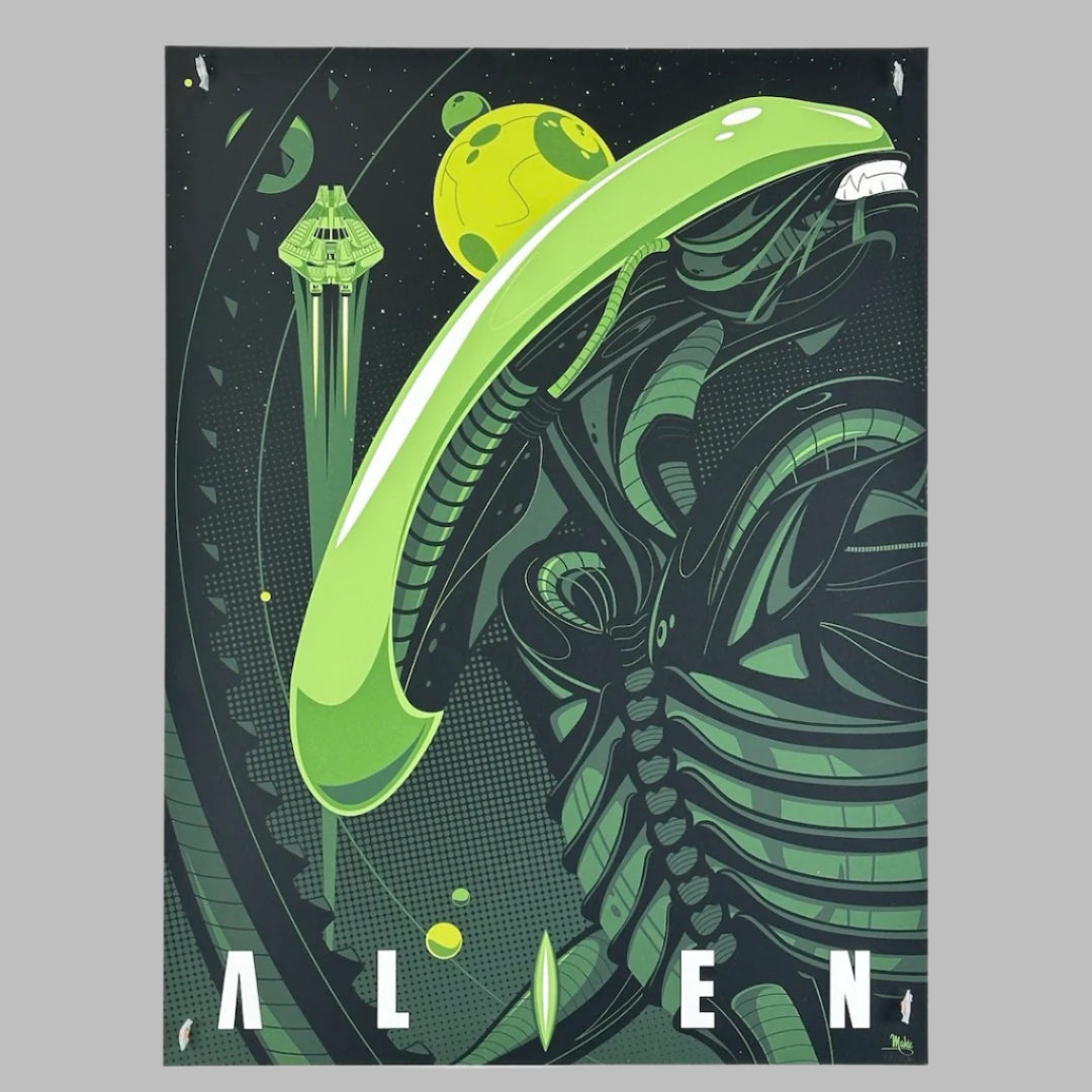 Black background with lime green graphics of spaceship by planet in background, alien at the front, title at bottom.