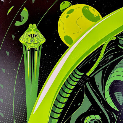 Close up of spaceship and planet in background, highlights rich color of print. 