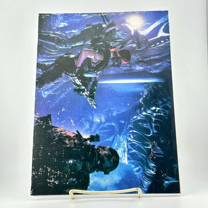 Poster of a futuristic scene with robots and blue light on a white background
