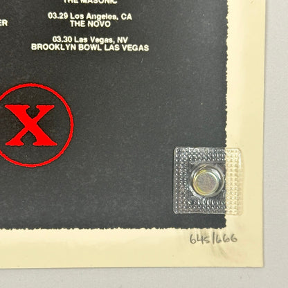 Promotional poster with red 'X' logo and concert information on a black background, penciled poster number in corner. 