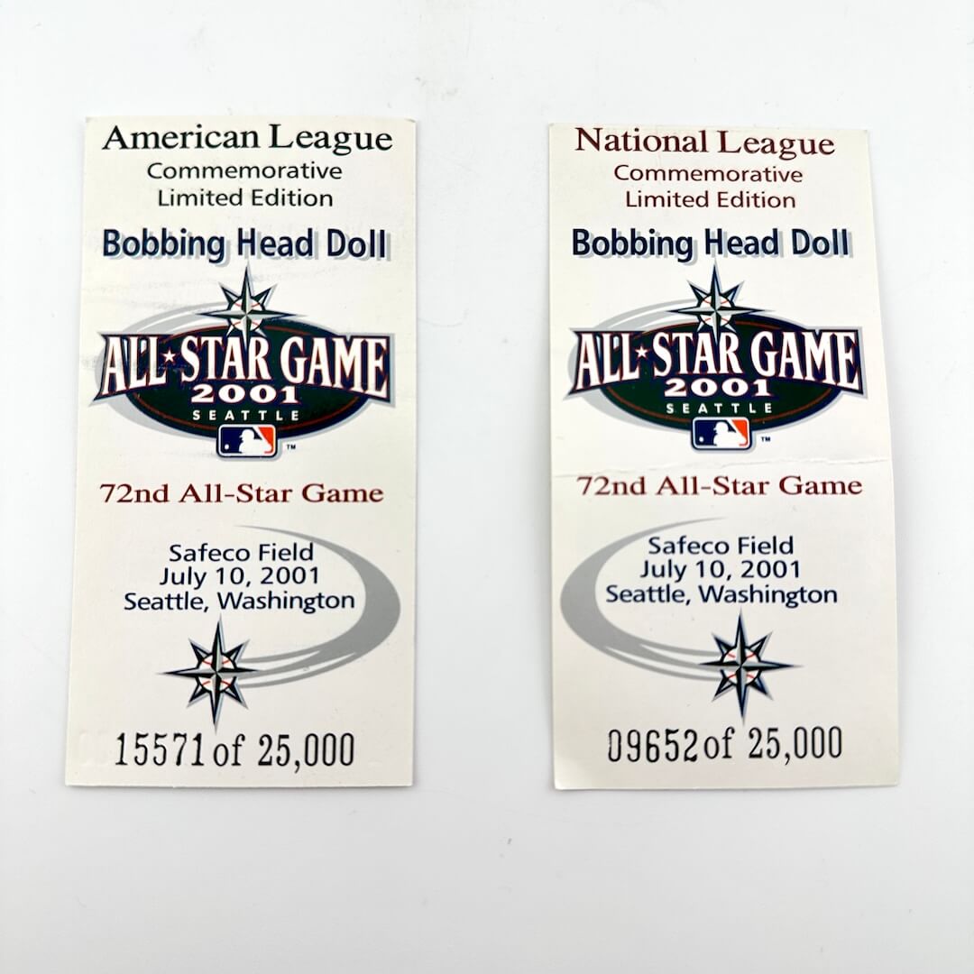 Two commemorative bobbing head doll packages for the 72nd All-Star Game in Seattle, Washington, 2001.