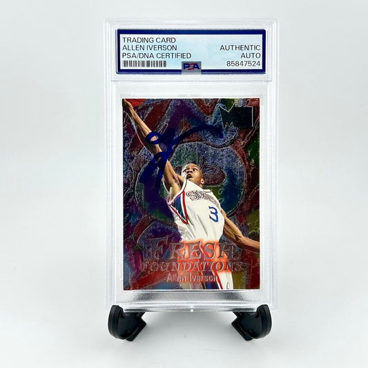 Trading card of Allen Iverson in a display case with PSA/DNA certification label.
