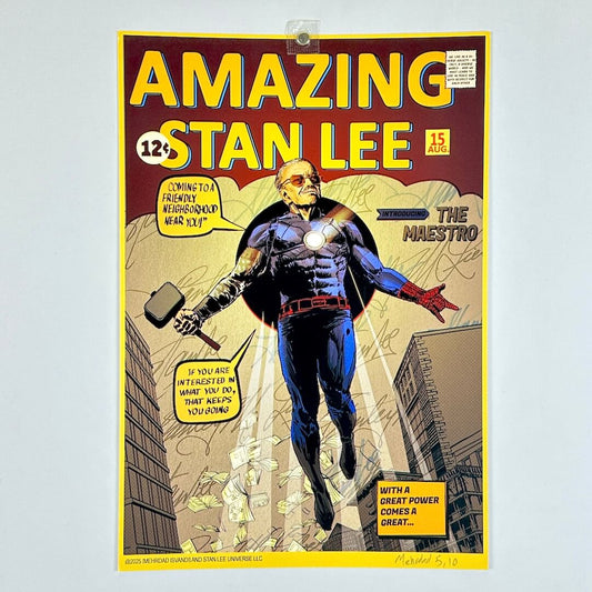 A vintage-style comic book poster for 'Amazing Stan Lee' featuring a comic illustration of him flying over a city.