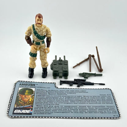 GI Joe action figure with accessories and character card against white background. 