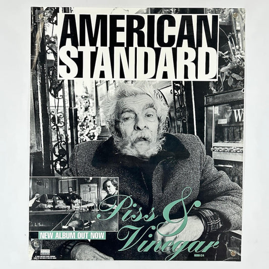 Album cover with a black and white photo of a person, text 'American Standard', and promotional text for 'Piss & Vinegar'.