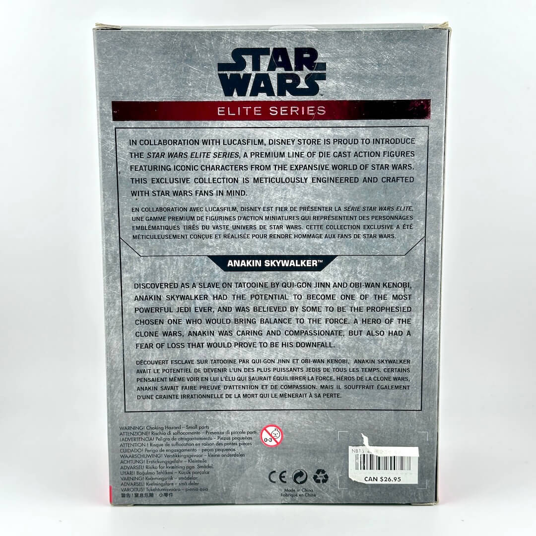 The back of a Star Wars Elite Series Anakin Skywalker action figure box, featuring product description.