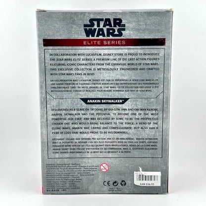 The back of a Star Wars Elite Series Anakin Skywalker action figure box, featuring product description.