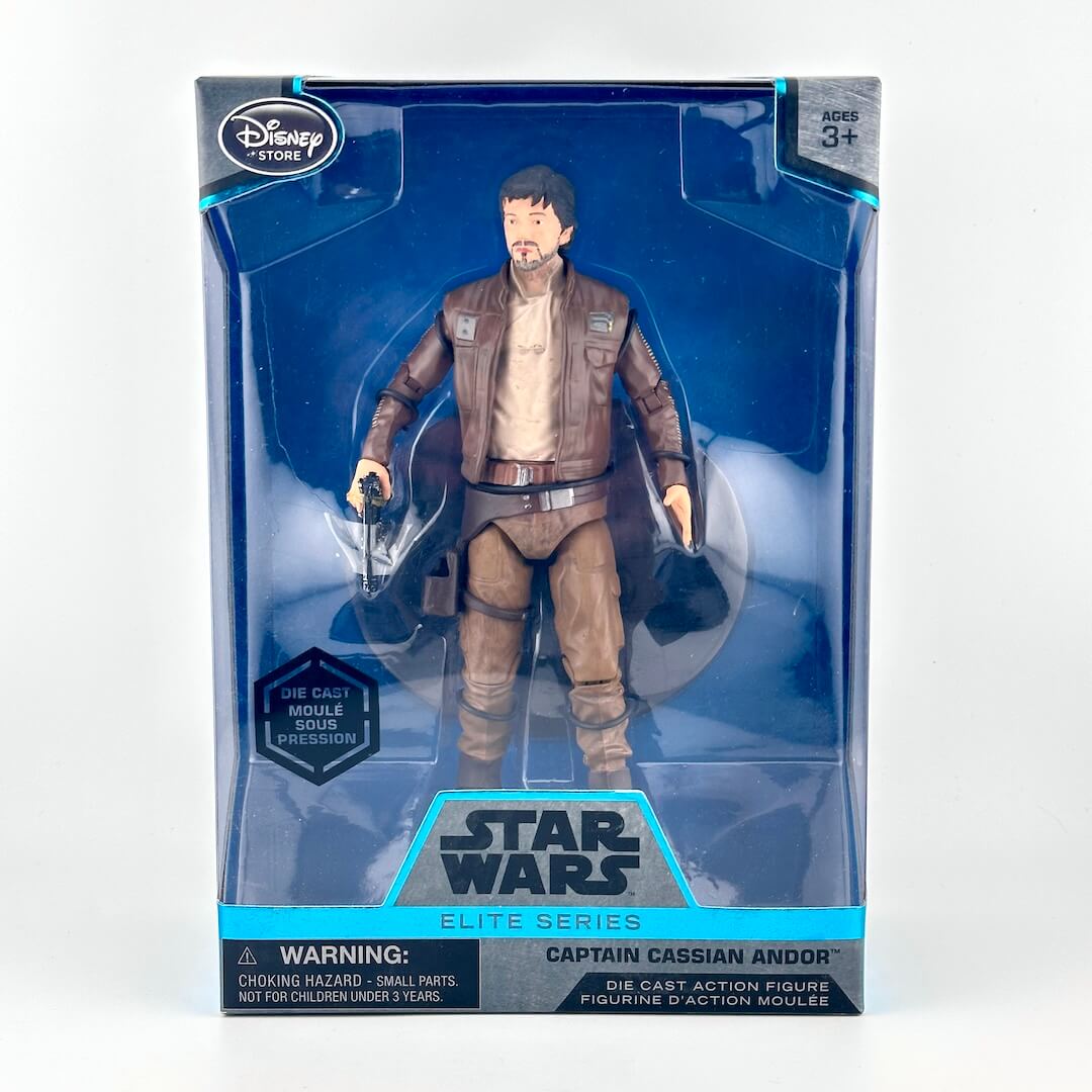 Disney Star Wars Elite Series Captain Cassian Andor die-cast action figure in its original window box packaging.
