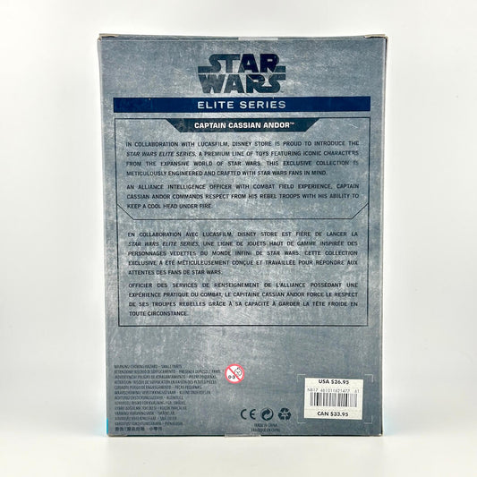 Back of a Star Wars Elite Series Captain Cassian Andor collectible figure box, showing product description.