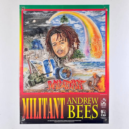 Colorful poster with a stylized portrait and text 'Militant Andrew Bees' on a white background
