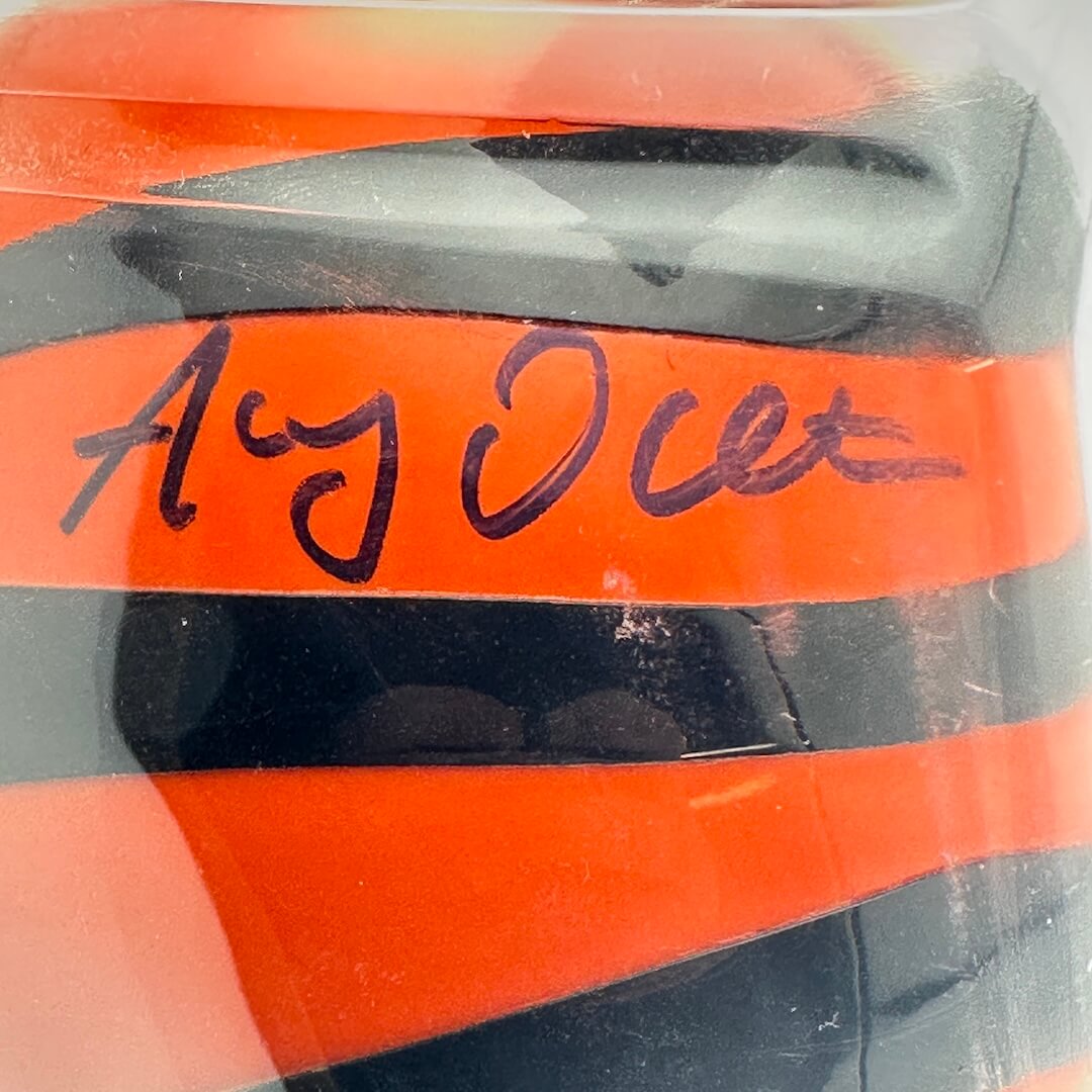 Close-up of signature on top of helmet through plastic. 