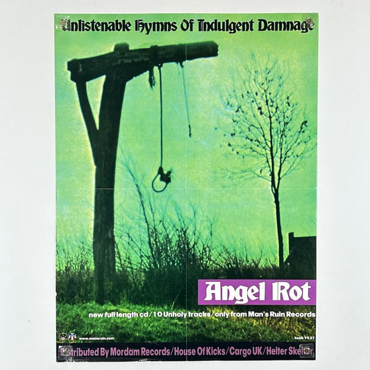 Album cover poster for 'Unlistenable Hymns Of Indulgent Damnage' by Angel Rot with a green background and silhouette of a tree and hanging figure.