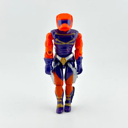 GI Joe action figure in orange and purple outfit with orange helmet, photographed on white background. 