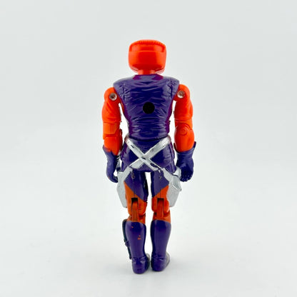 GI Joe action figure in orange and purple outfit with orange helmet, photographed on white background. 