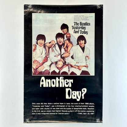 Vintage poster of The Beatles with album cover and text on a white background