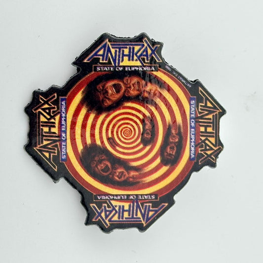 Anthrax 'State of Euphoria' album cover pin with spiral design and band name text.