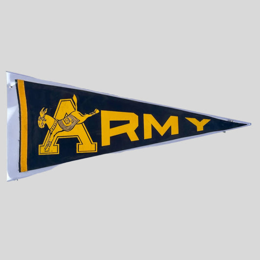 ARMY in varsity letters across navy blue pennant in gold letters with donkey mascot across A.