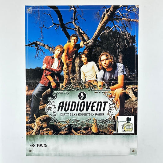 Poster of a band with 'Audiovent' branding and text on a white background