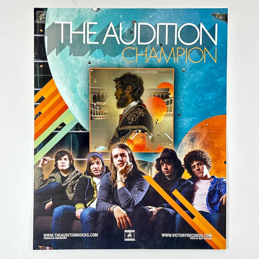 Promotional poster for upcoming album release with album artwork and picture of band on white background. 