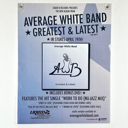 Promotional poster for Average White Band's album 'Greatest & Latest' with album cover and release information.
