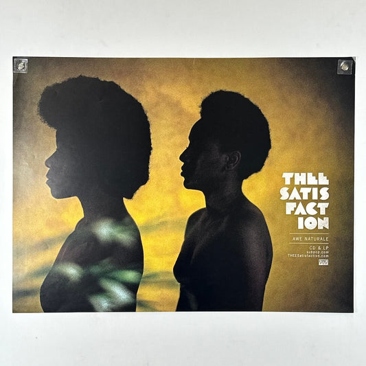 Poster of album cover with silhouettes of a woman against a yellow background and text 'THEESATISFACTION'.