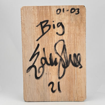 Back of custom Notorious B.I.G. figure by Edwin Salas showing the artist's signature on the hand-painted wooden card backer dates 01-03-21