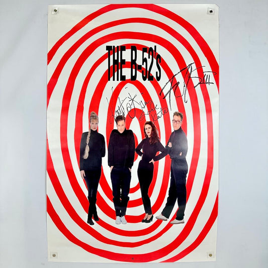 Poster of The B-52s with red and white spiral design on a gray background