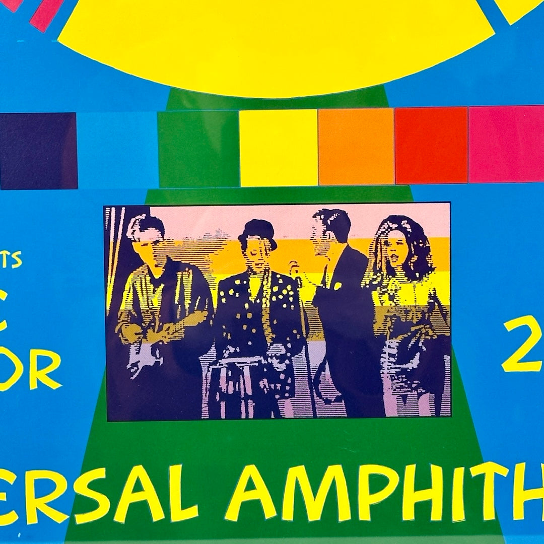 Close up of playing band photo monochromatically printed in navy imposed on yellow/orange multicolor stripes in background.