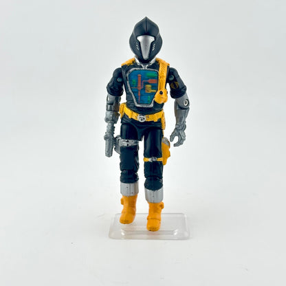Toy figure in black and yellow outfit with helmet on a white background