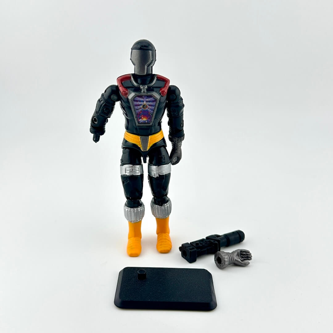 Toy figure with black and orange outfit on a white background