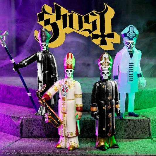 Four figures dressed in Catholic style robes and facepaint posed together as band on stone steps under Ghost logo.