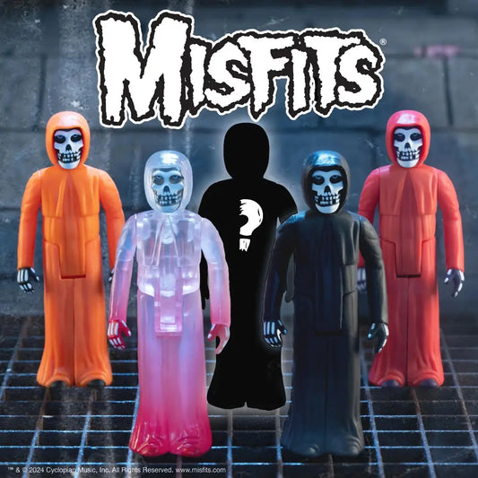 Five figure options posed together on metal grate under MISFITS logo. Fiends available in orange, red, black, clear & mystery.